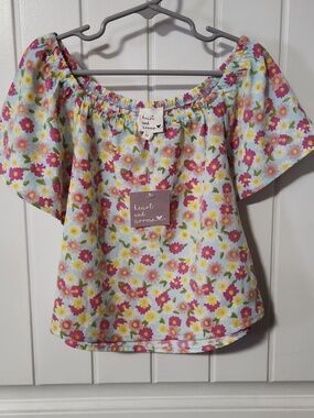 Heart and Arrow Girls' Floral Off-Shoulder Top in Blue,  Pink, Yellow & Green 6X